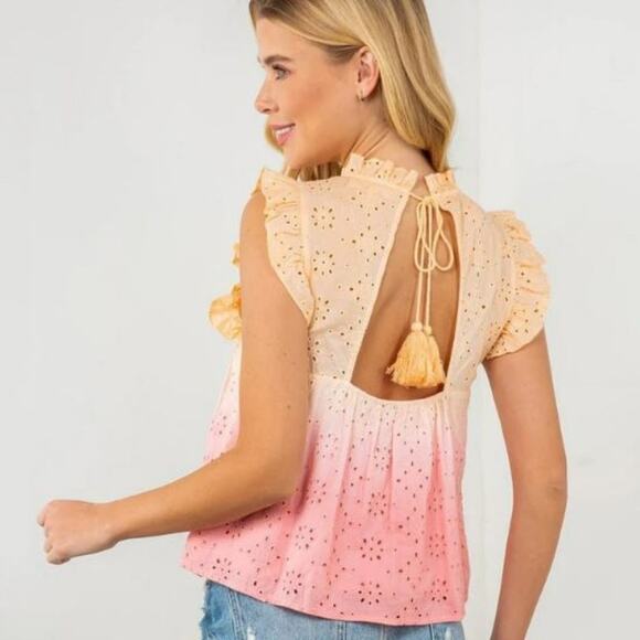 Womens Sleeveless Ruffle Pink Tie Dye Eyelet Top - LARGE - Picture 2 of 2